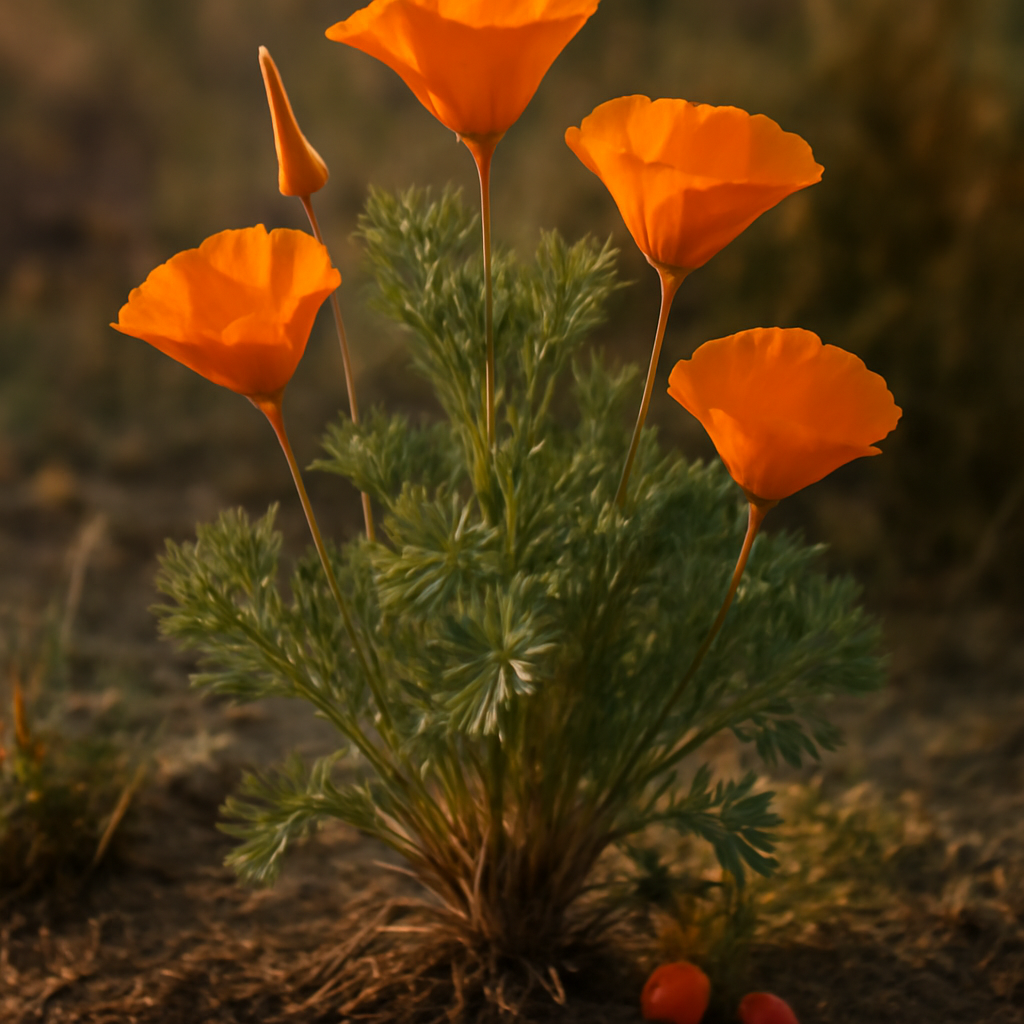 California poppy plant, c/s Organic - plant in natural habitat - Nayora Vital